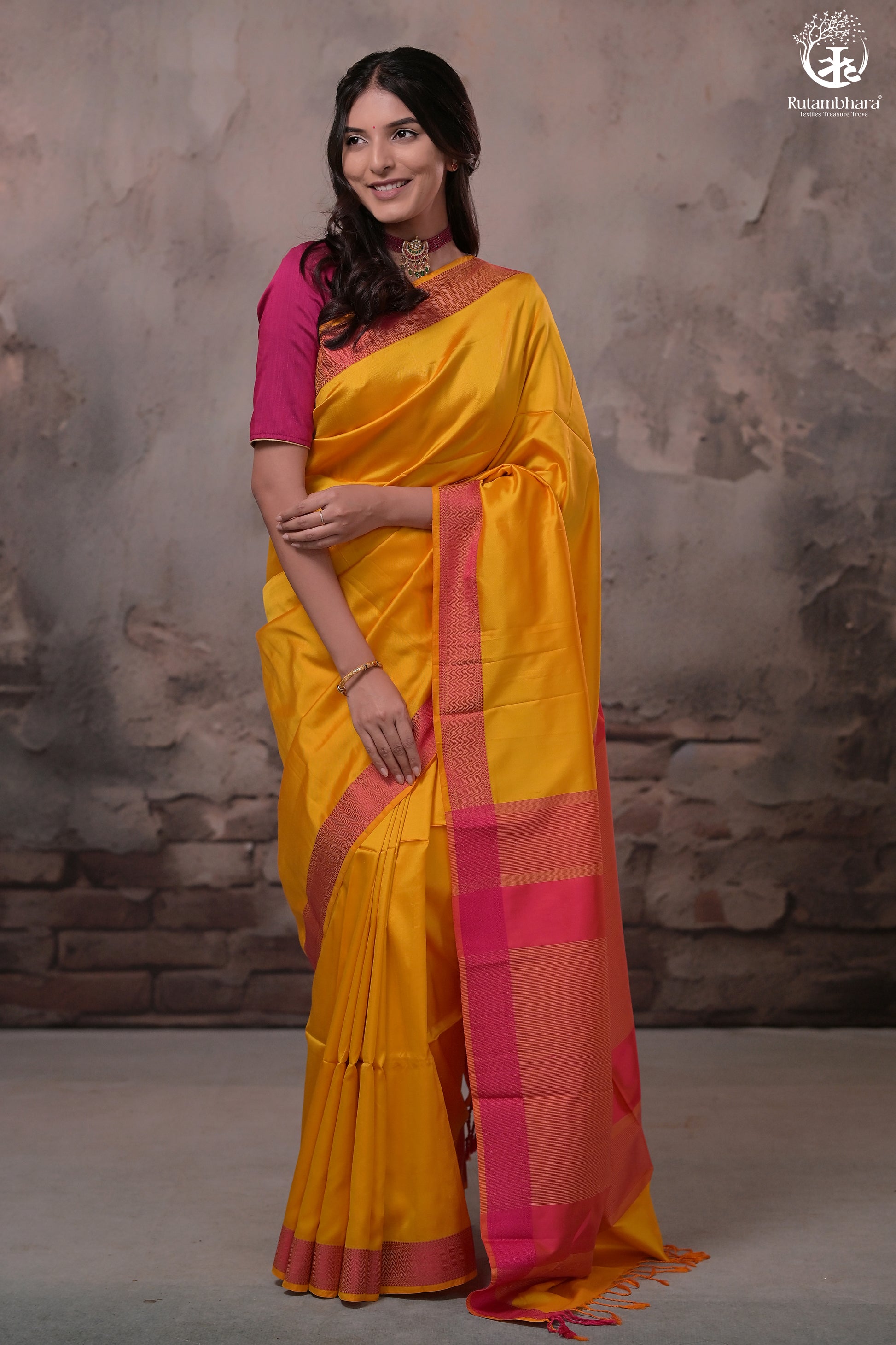 Narmaa - Orange Shot Pink (Sunrise Yellow) With Rani Pink Resham Lehar Border-Rutambhara-RUTAMBHARA