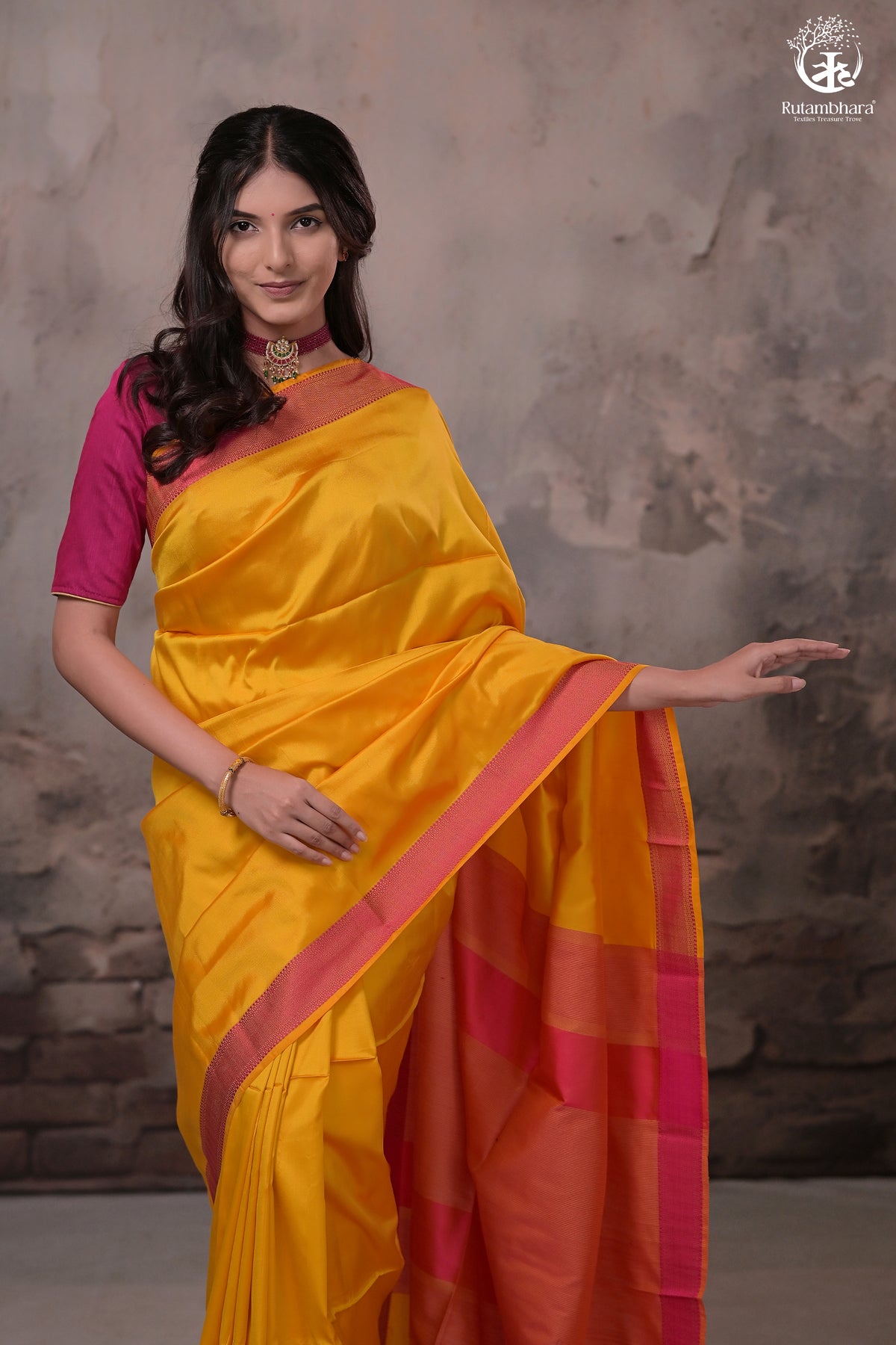 Narmaa - Orange Shot Pink (Sunrise Yellow) With Rani Pink Resham Lehar Border