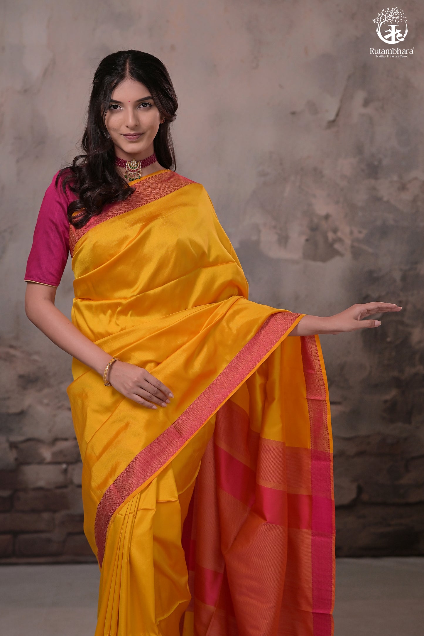 Narmaa - Orange Shot Pink (Sunrise Yellow) With Rani Pink Resham Lehar Border