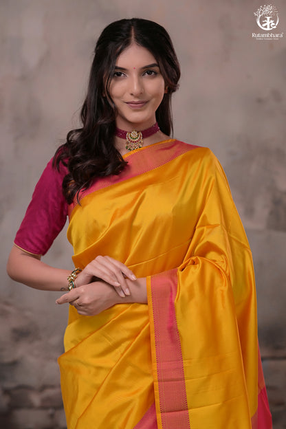 Narmaa - Orange Shot Pink (Sunrise Yellow) With Rani Pink Resham Lehar Border-Rutambhara-RUTAMBHARA