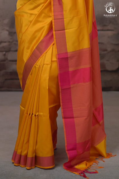 Narmaa - Orange Shot Pink (Sunrise Yellow) With Rani Pink Resham Lehar Border-Rutambhara-RUTAMBHARA