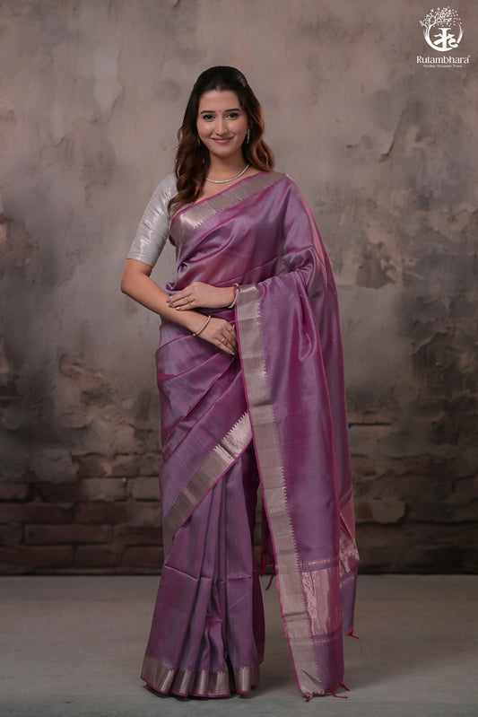 Bhadra - Pinkish Purple Plain Handwoven Silk Saree With Silver Zari Border
