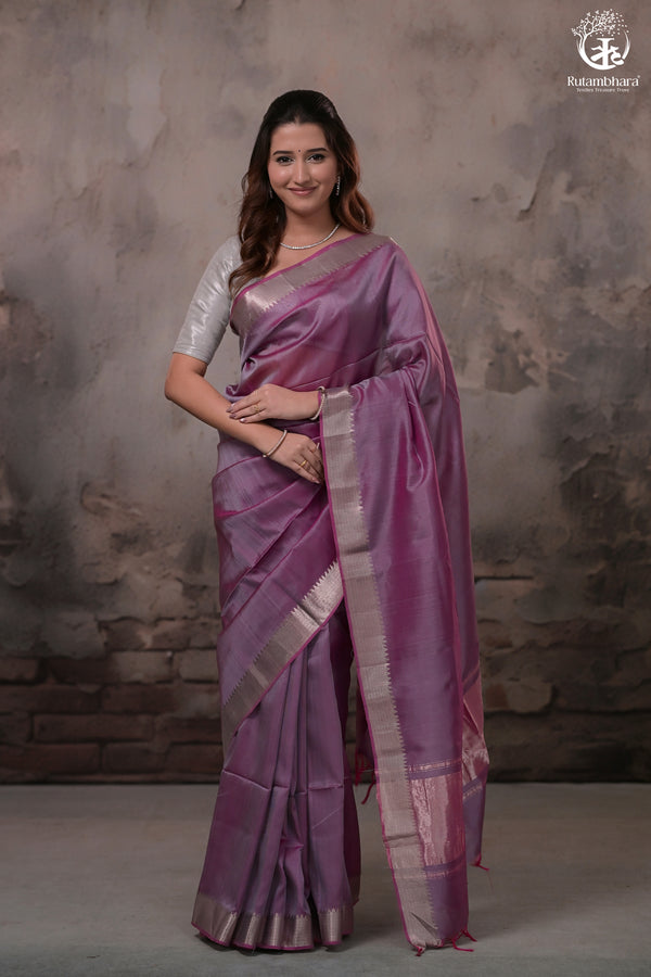Bhadra - Pinkish Purple Plain Handwoven Silk Saree With Silver Zari Border-Rutambhara-RUTAMBHARA