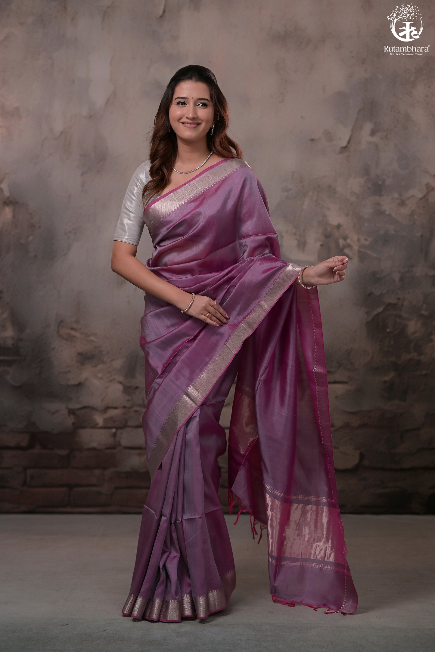 Bhadra - Pinkish Purple Plain Handwoven Silk Saree With Silver Zari Border