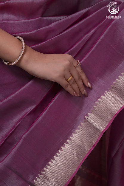 Bhadra - Pinkish Purple Plain Handwoven Silk Saree With Silver Zari Border-Rutambhara-RUTAMBHARA