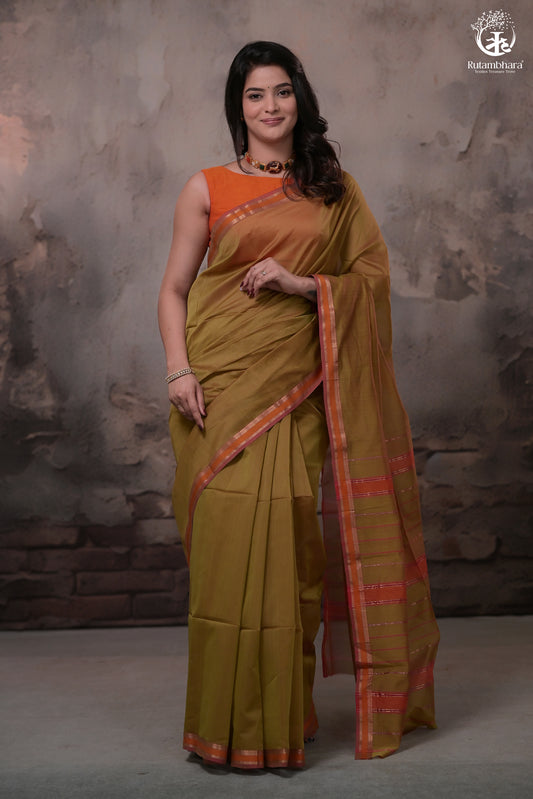 Narmaa - Mehendi Green With Small Lehar Border Silk Cotton Saree