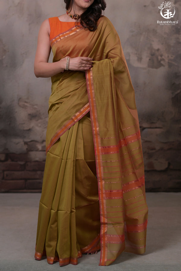 Narmaa - Mehendi Green With Small Lehar Border Silk Cotton Saree-Rutambhara-RUTAMBHARA