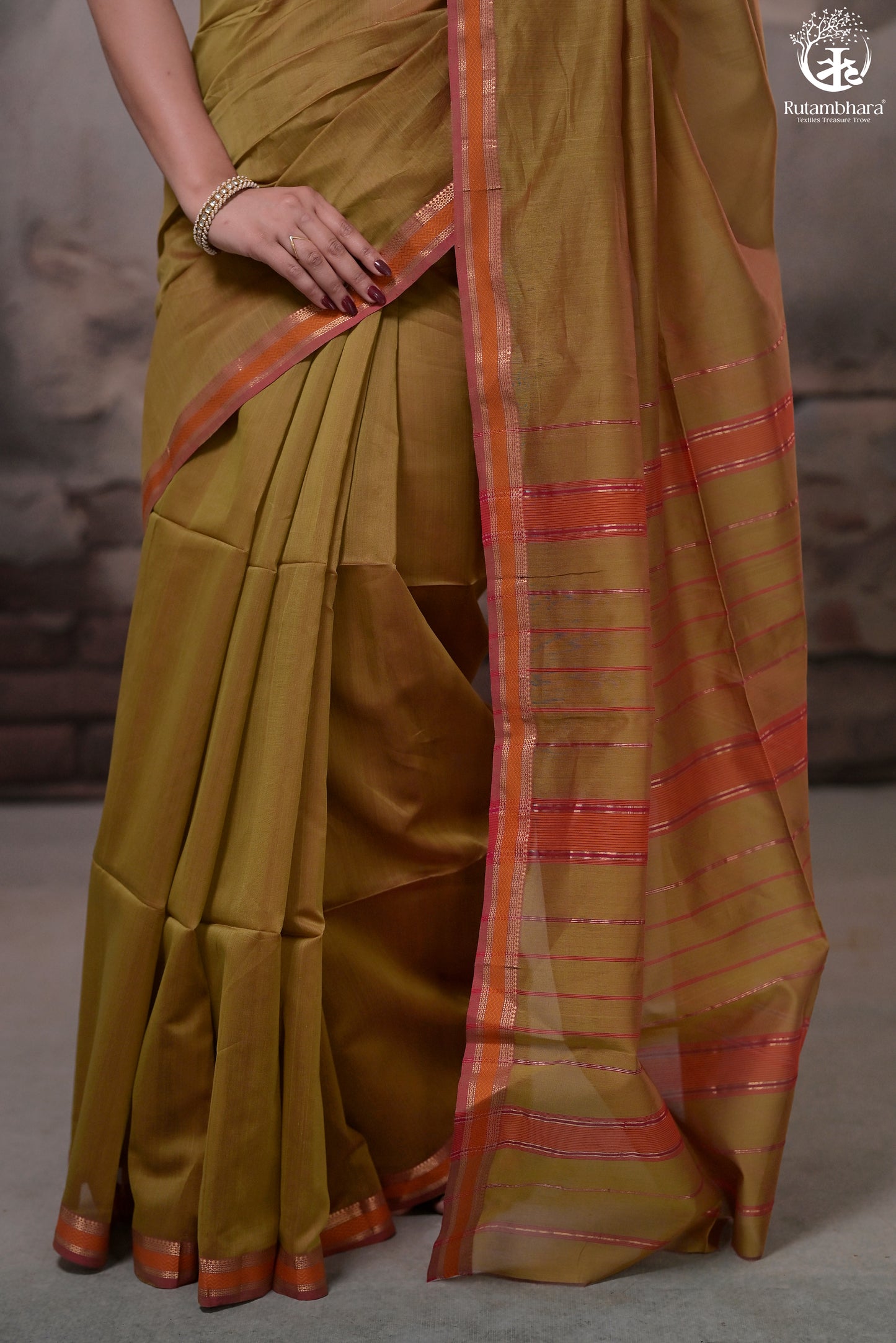 Narmaa - Mehendi Green With Small Lehar Border Silk Cotton Saree