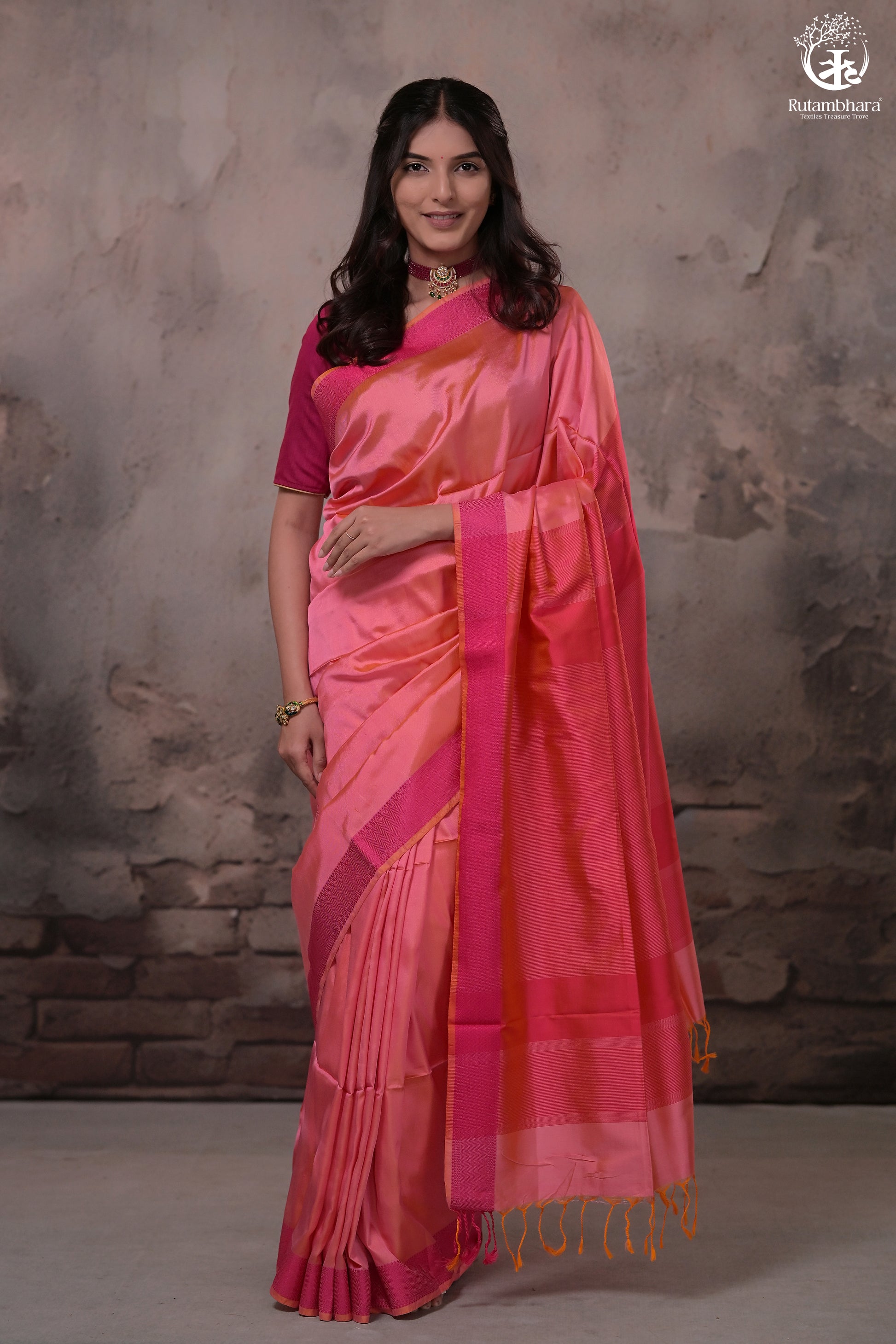 Narmaa - Orange Shot Pink (Peachish Pink) With Rani Pink Resham Lehar Border-Rutambhara-RUTAMBHARA