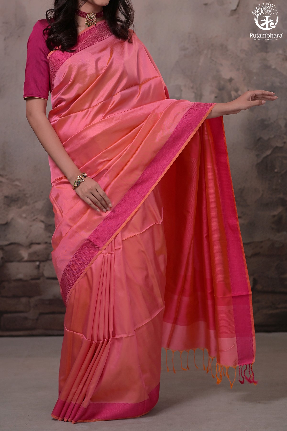 Narmaa - Orange Shot Pink (Peachish Pink) With Rani Pink Resham Lehar Border