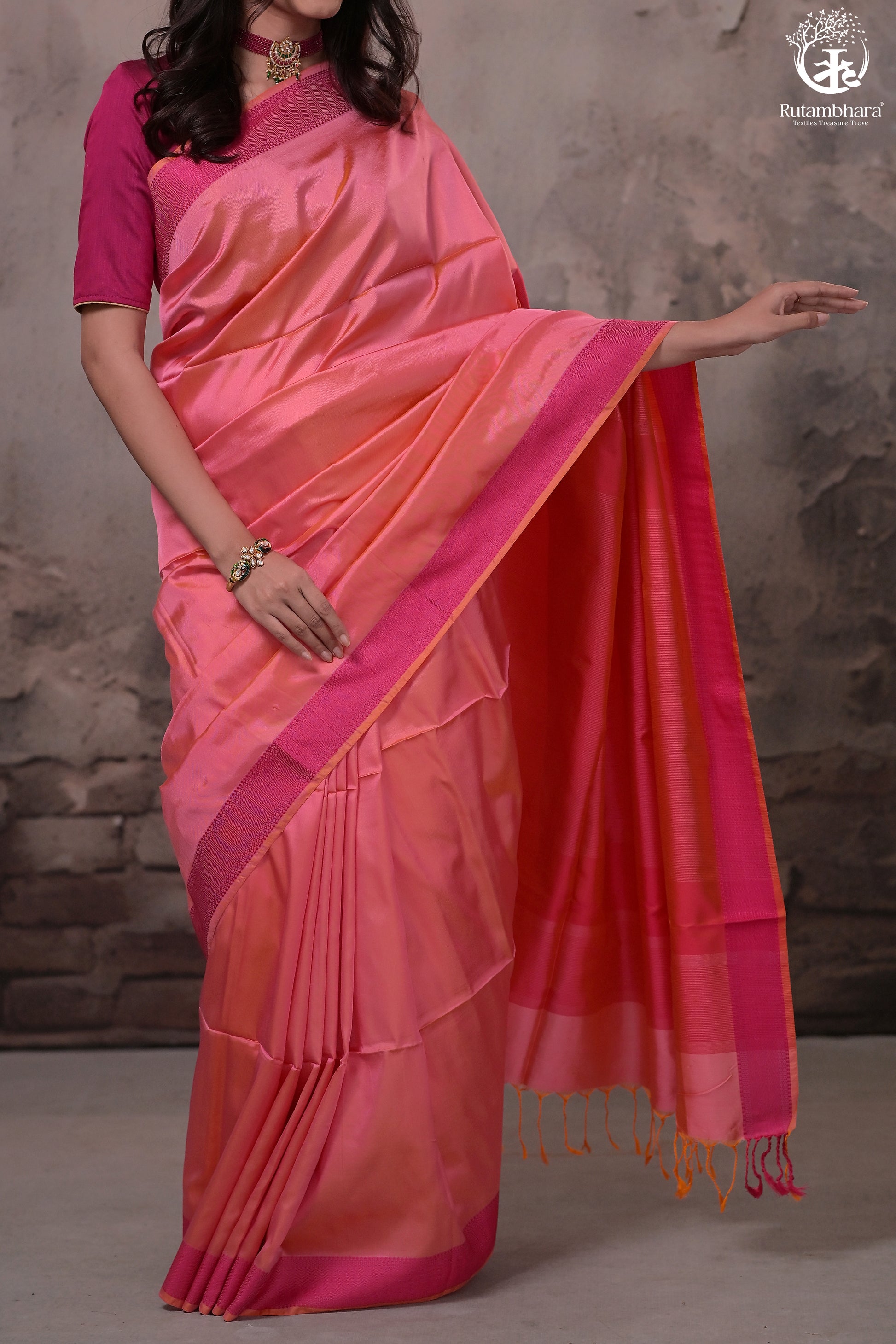 Narmaa - Orange Shot Pink (Peachish Pink) With Rani Pink Resham Lehar Border-Rutambhara-RUTAMBHARA