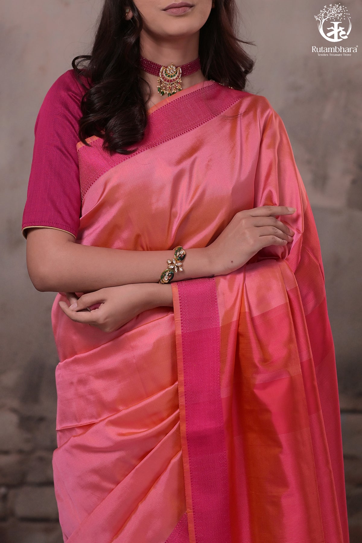 Narmaa - Orange Shot Pink (Peachish Pink) With Rani Pink Resham Lehar Border