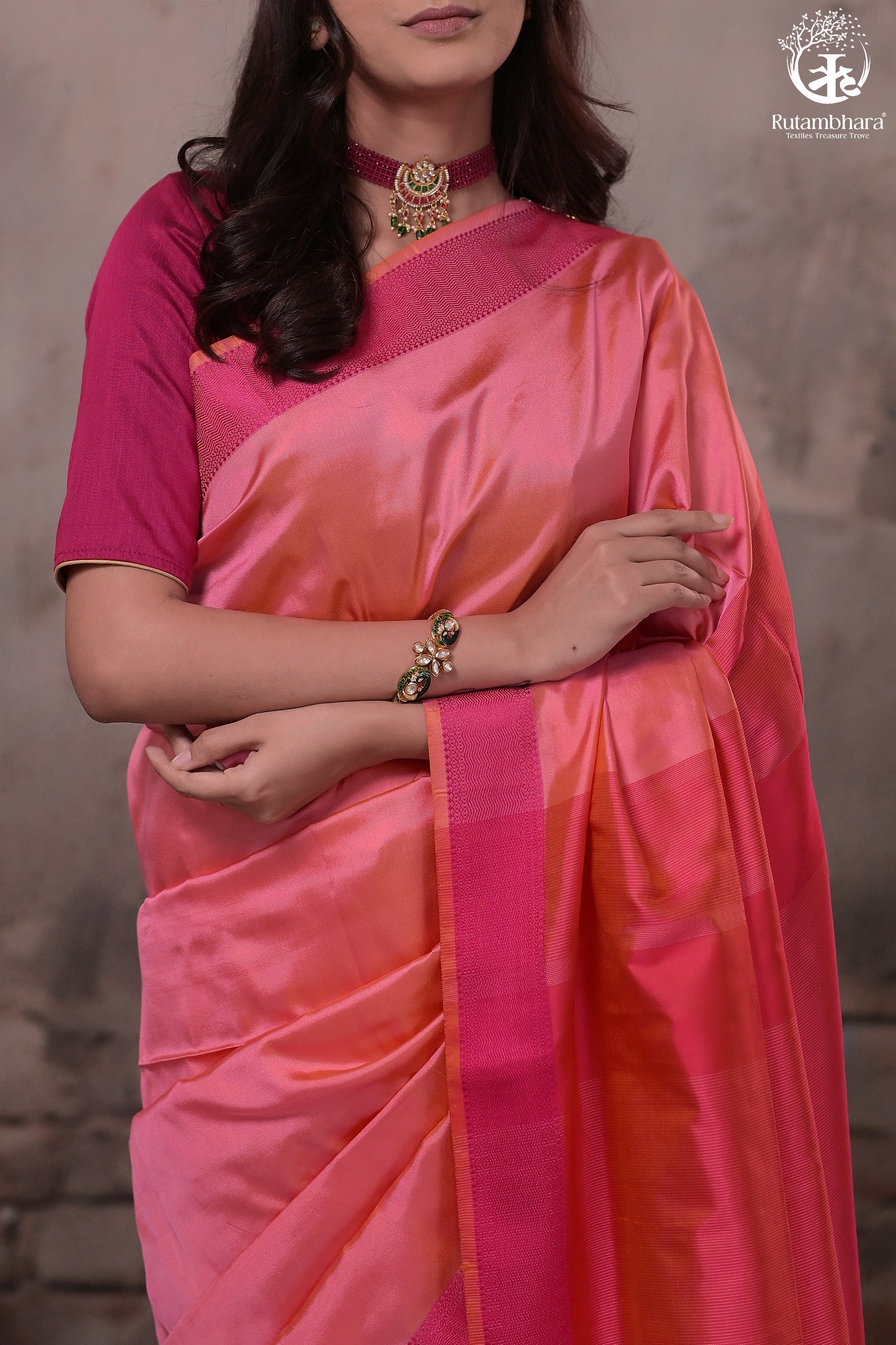 Narmaa - Orange Shot Pink (Peachish Pink) With Rani Pink Resham Lehar Border-Rutambhara-RUTAMBHARA