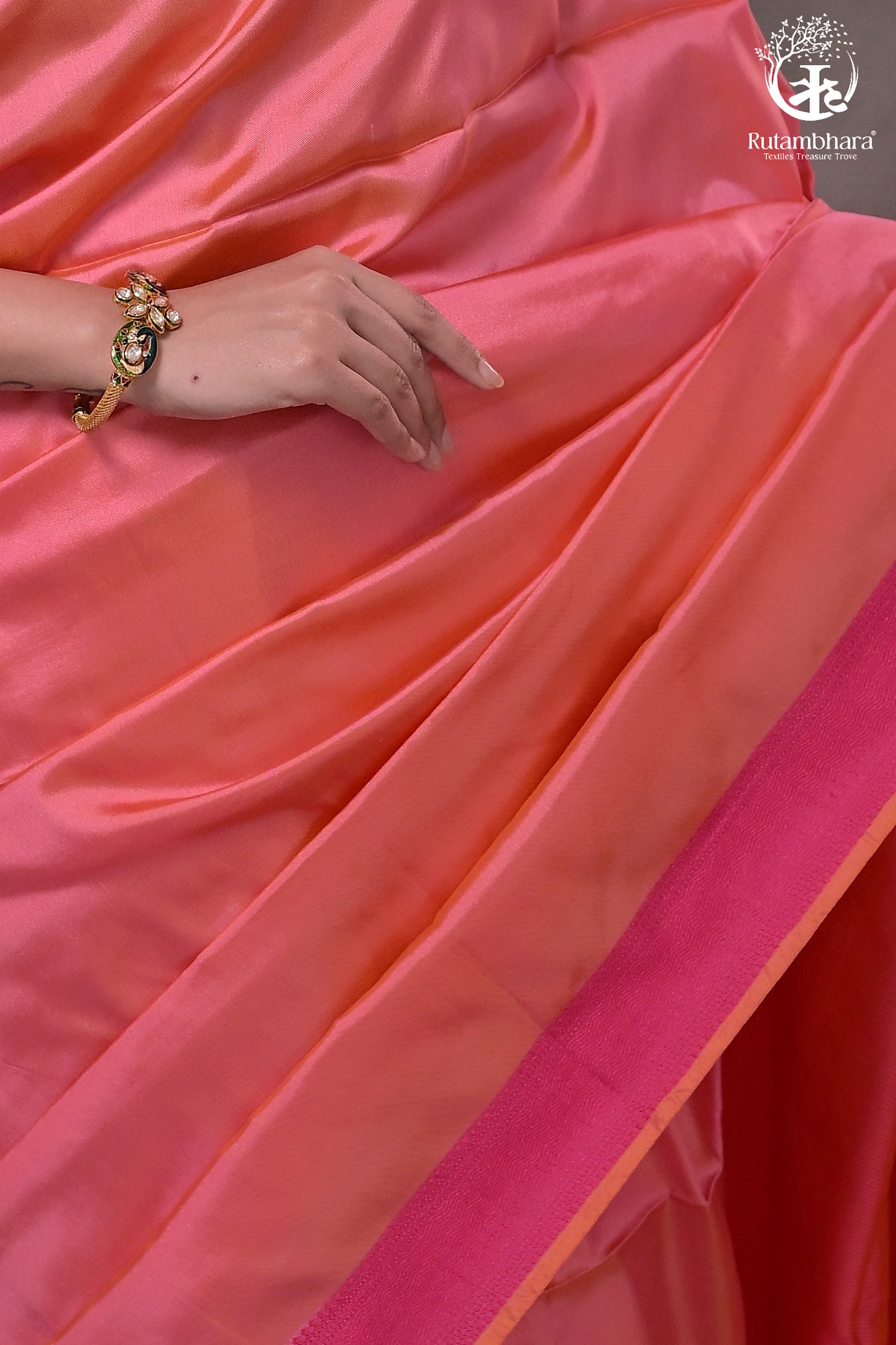 Narmaa - Orange Shot Pink (Peachish Pink) With Rani Pink Resham Lehar Border