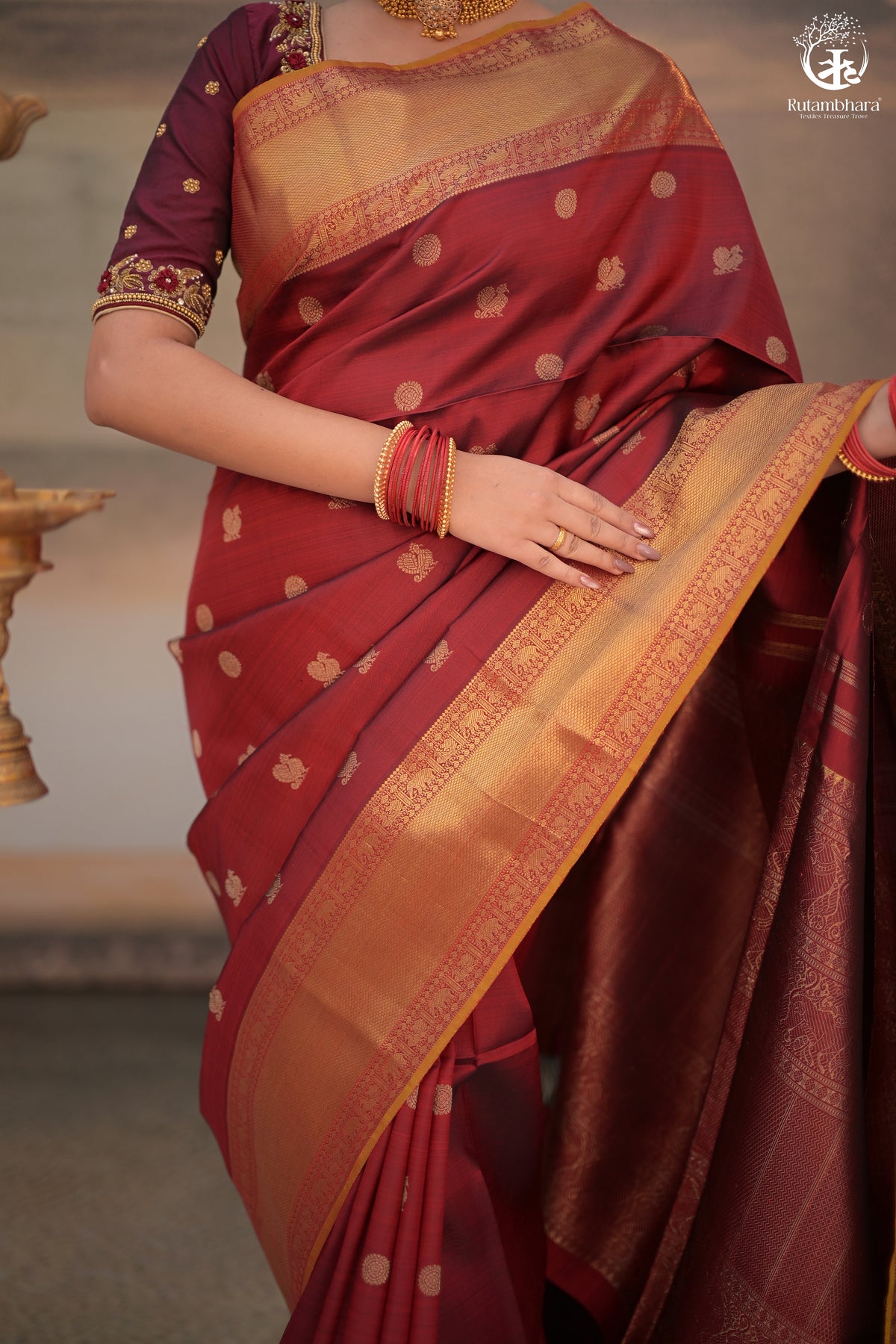Eevara Reddish Maroon Kancheevaram Heirloom Silk Saree
