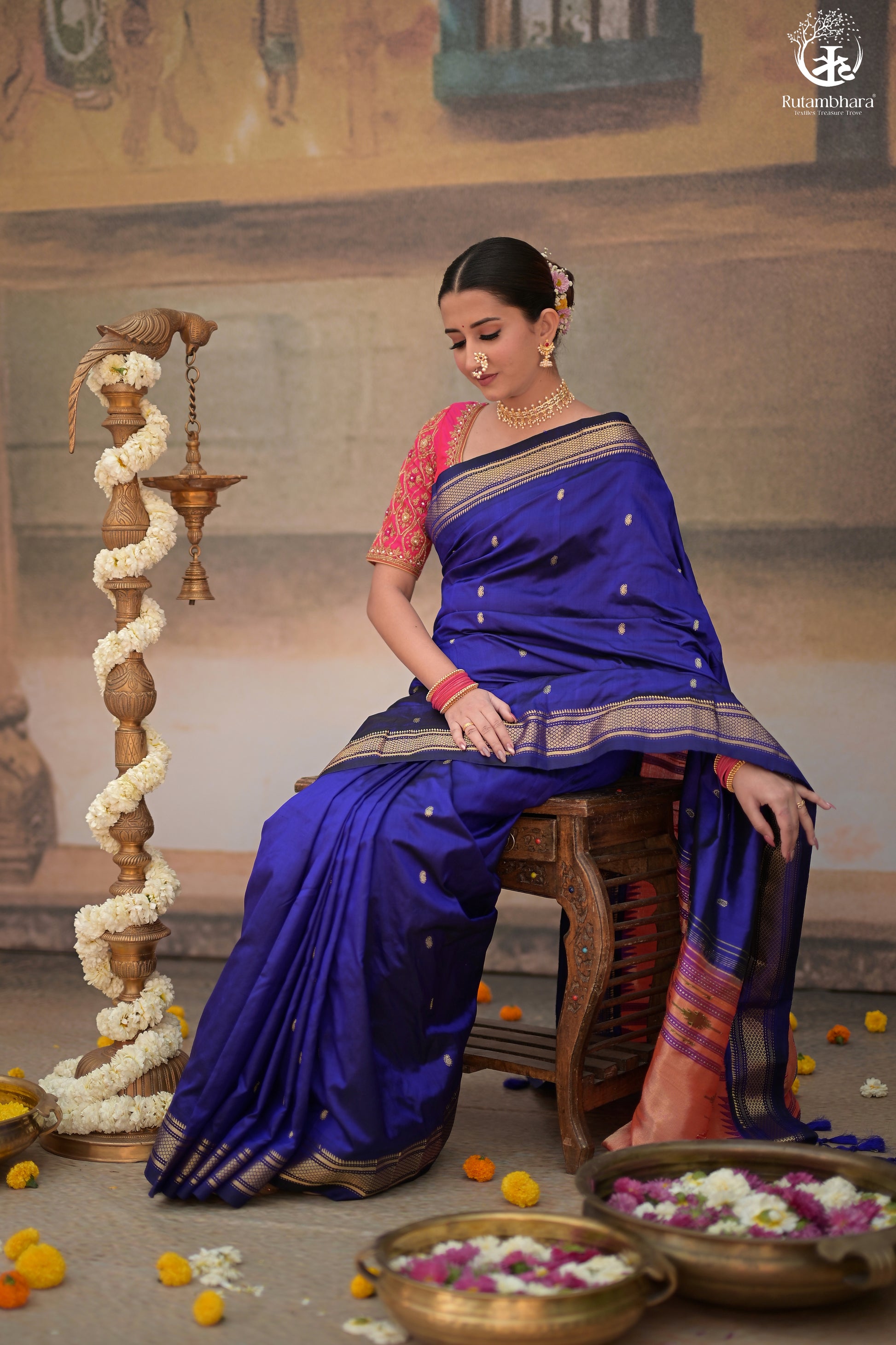 Ink Blue Paithani Saree With Peacock Motif Traditional Brocade Double Pallu And Deep Ink Blue Selvedge-Rutambhara-RUTAMBHARA