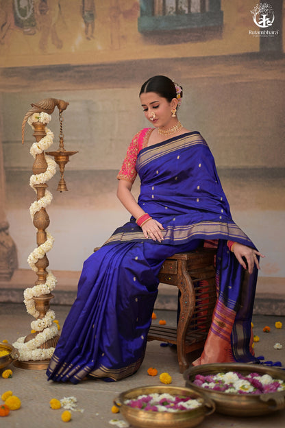 Ink Blue Paithani Saree With Peacock Motif Traditional Brocade Double Pallu And Deep Ink Blue Selvedge-Rutambhara-RUTAMBHARA