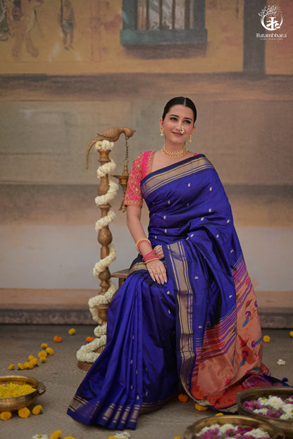 Ink Blue Paithani Saree With Peacock Motif Traditional Brocade Double Pallu And Deep Ink Blue Selvedge-Rutambhara-RUTAMBHARA