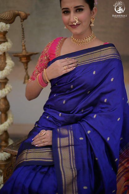 Ink Blue Paithani Saree With Peacock Motif Traditional Brocade Double Pallu And Deep Ink Blue Selvedge-Rutambhara-RUTAMBHARA