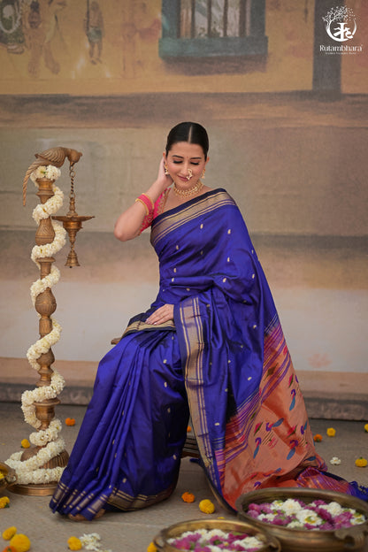 Ink Blue Paithani Saree With Peacock Motif Traditional Brocade Double Pallu And Deep Ink Blue Selvedge-Rutambhara-RUTAMBHARA