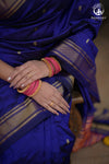 Ink Blue Paithani Saree With Peacock Motif Traditional Brocade Double Pallu And Deep Ink Blue Selvedge