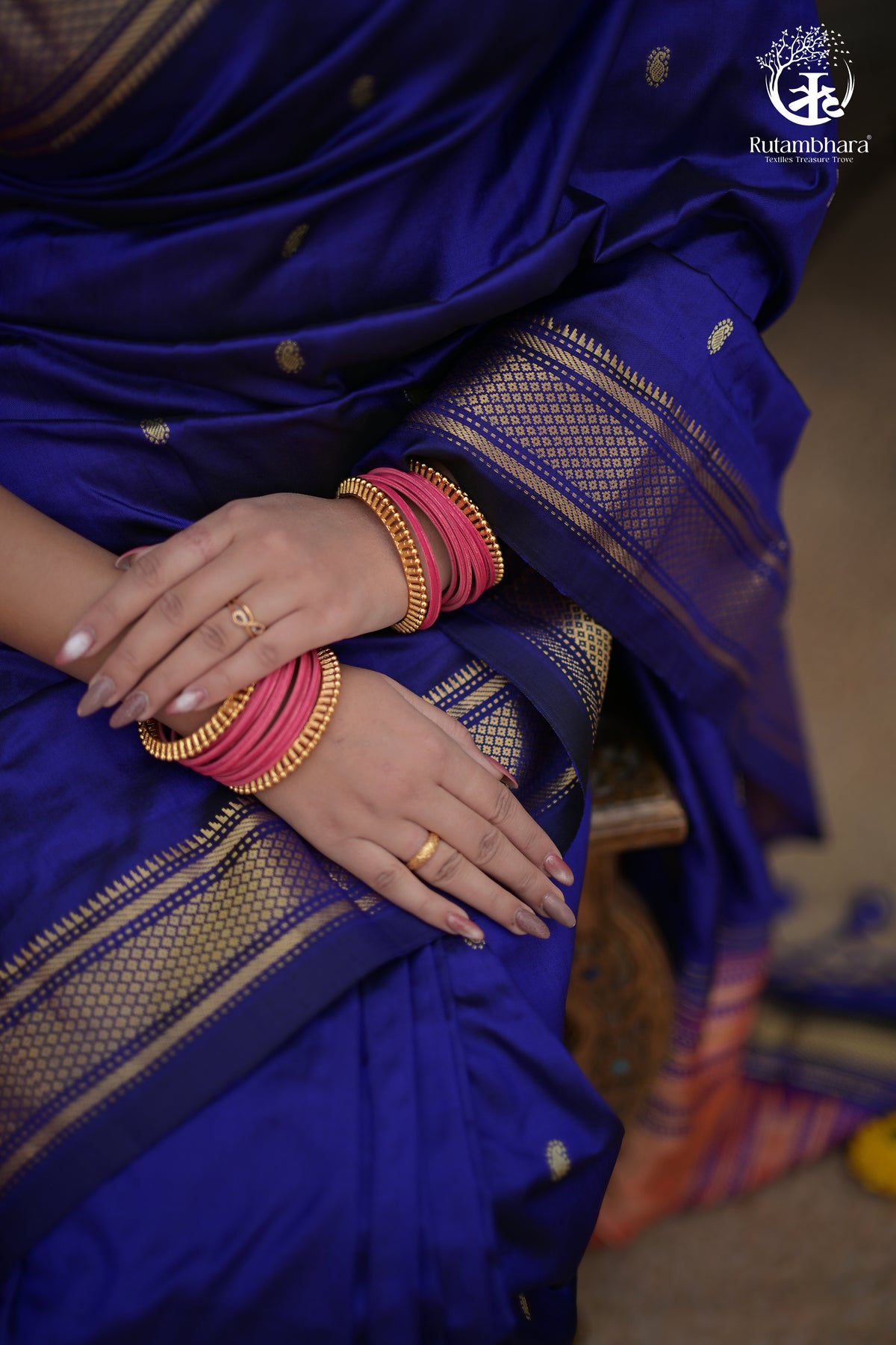 Ink Blue Paithani Saree With Peacock Motif Traditional Brocade Double Pallu And Deep Ink Blue Selvedge