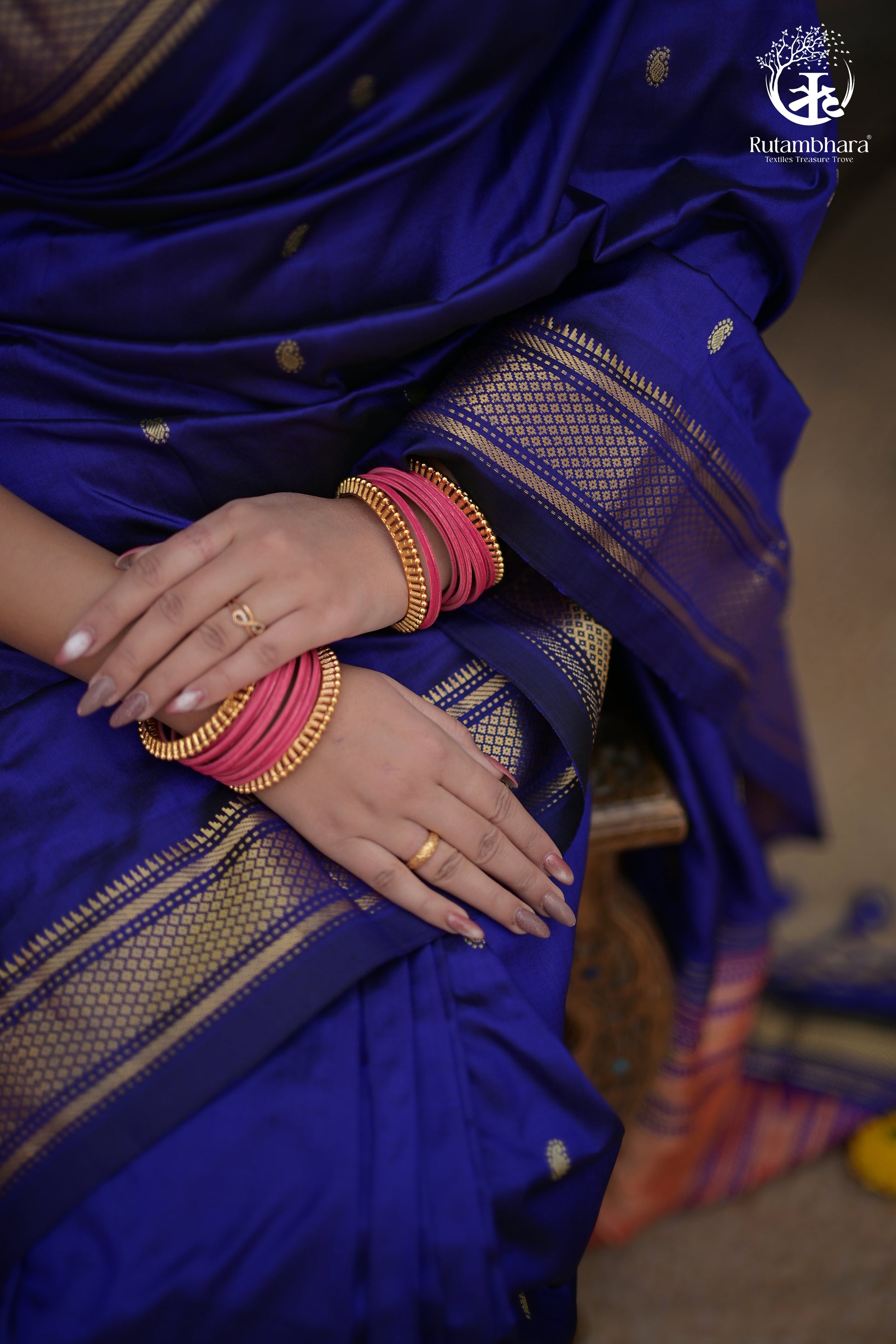 Ink Blue Paithani Saree With Peacock Motif Traditional Brocade Double Pallu And Deep Ink Blue Selvedge-Rutambhara-RUTAMBHARA