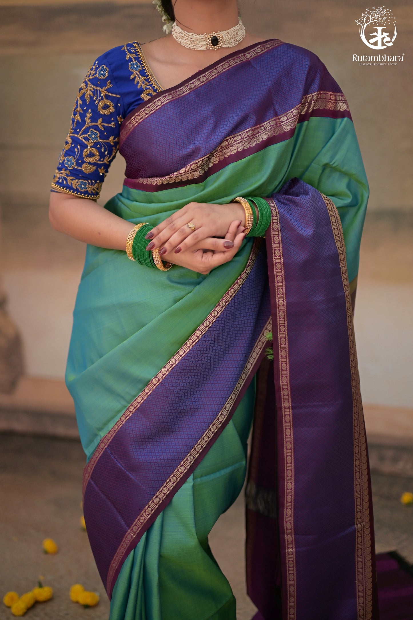 Eevara Aqua Blue Purple Kancheevaram Heirloom Silk Saree