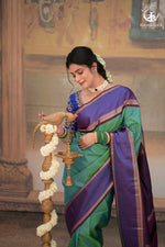 Eevara Aqua Blue Purple Kancheevaram Heirloom Silk Saree-Rutambhara-Green-RUTAMBHARA