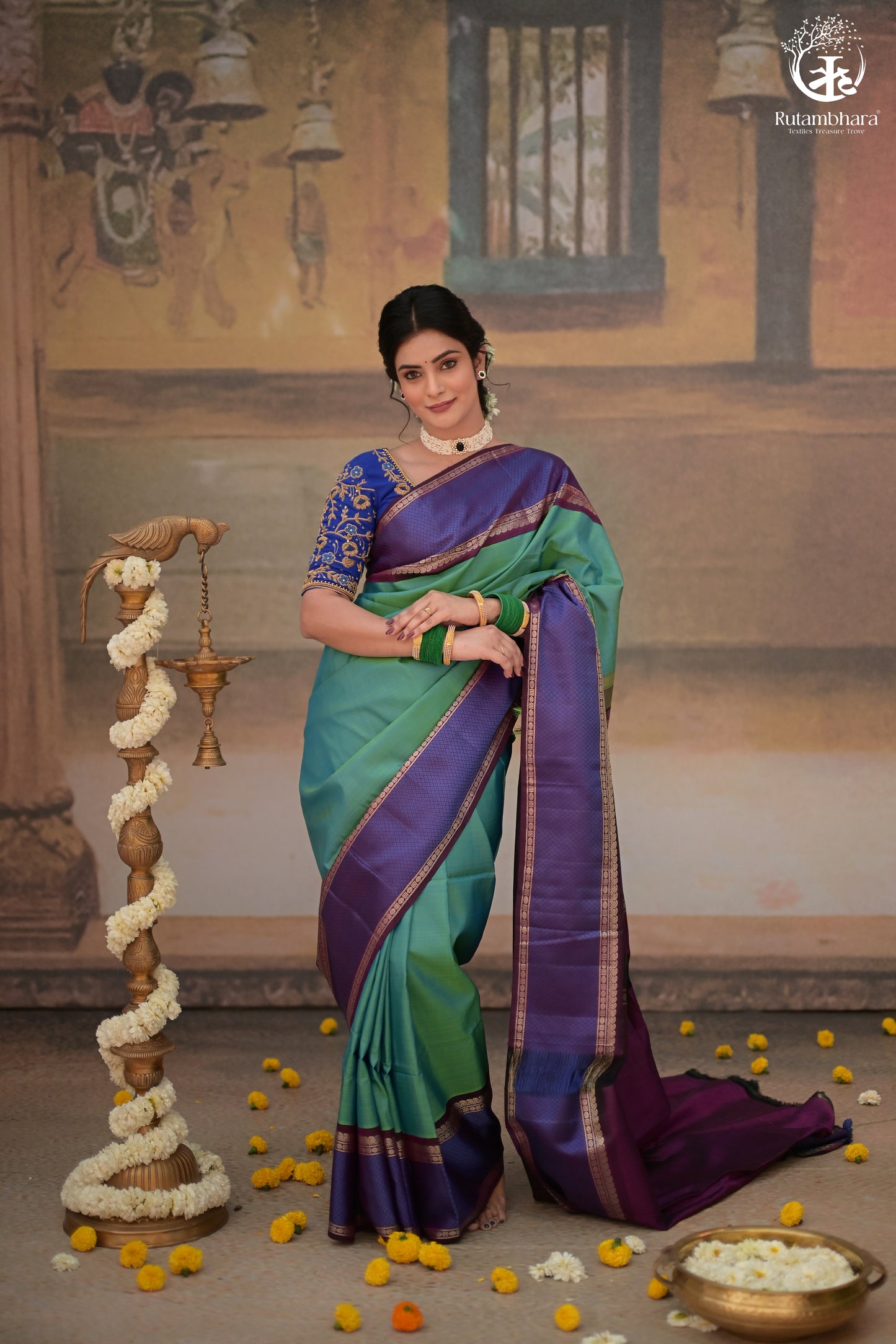 Eevara Aqua Blue Purple Kancheevaram Heirloom Silk Saree
