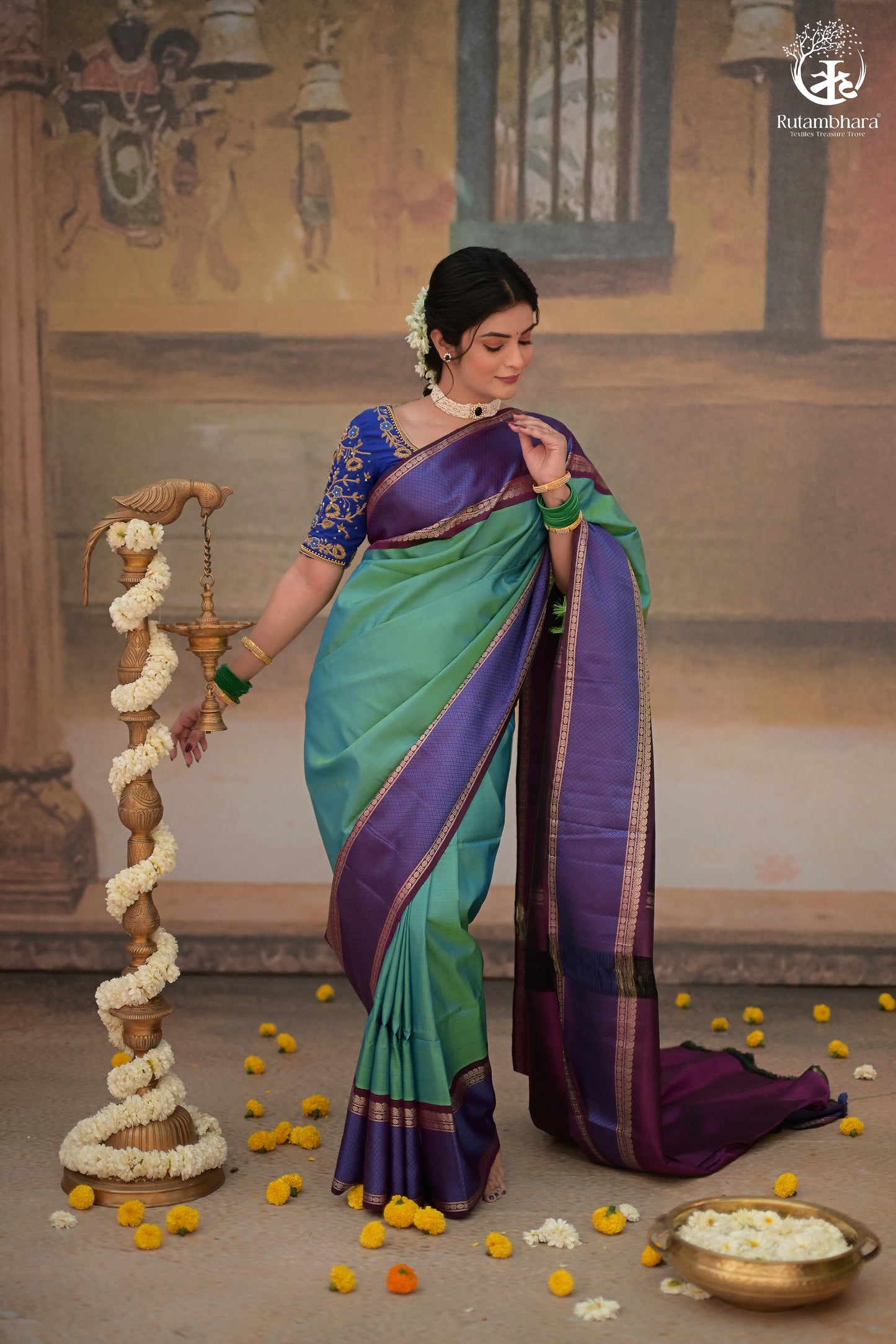 Eevara Aqua Blue Purple Kancheevaram Heirloom Silk Saree