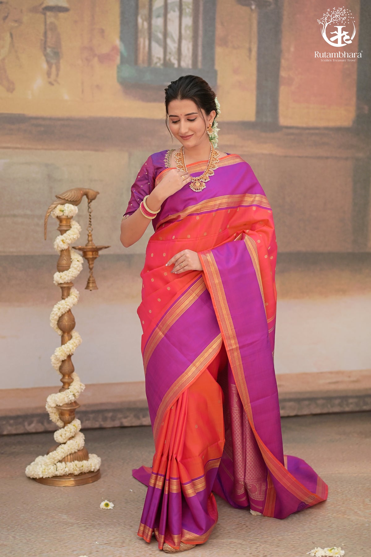 Eevara Orange Purple Kancheevaram Heirloom Silk Saree