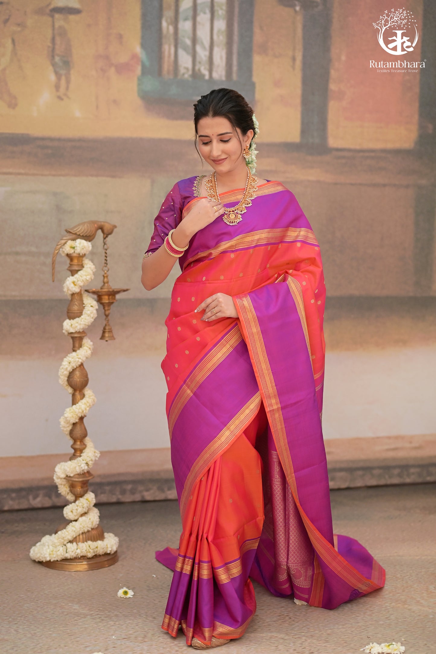Eevara Orange Purple Kancheevaram Heirloom Silk Saree