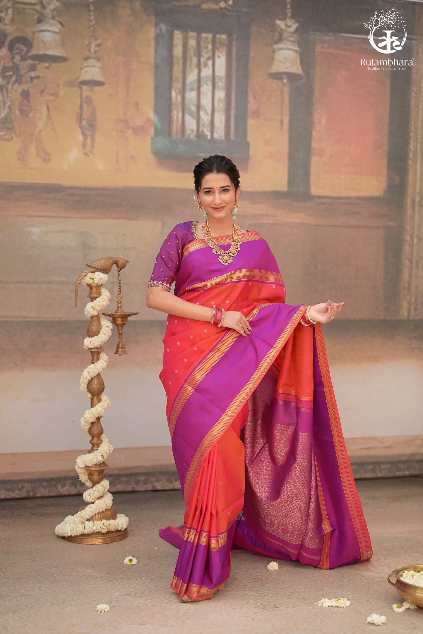 Eevara Orange Purple Kancheevaram Heirloom Silk Saree