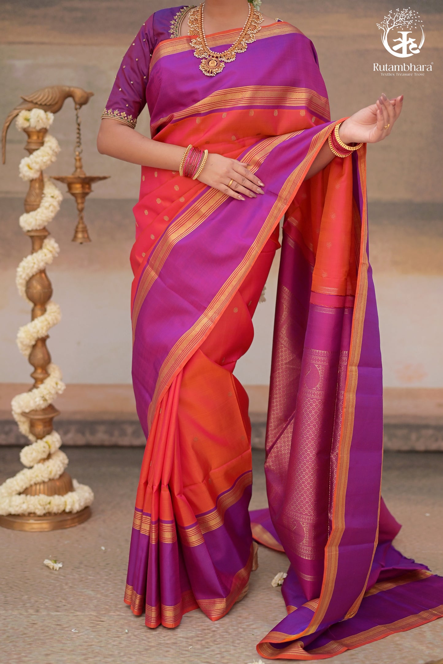 Eevara Orange Purple Kancheevaram Heirloom Silk Saree