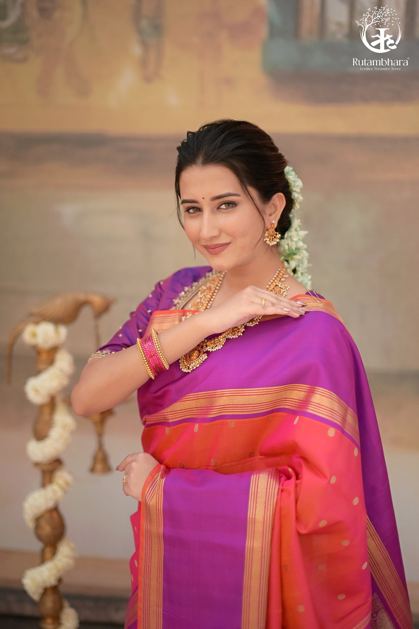 Eevara Orange Purple Kancheevaram Heirloom Silk Saree