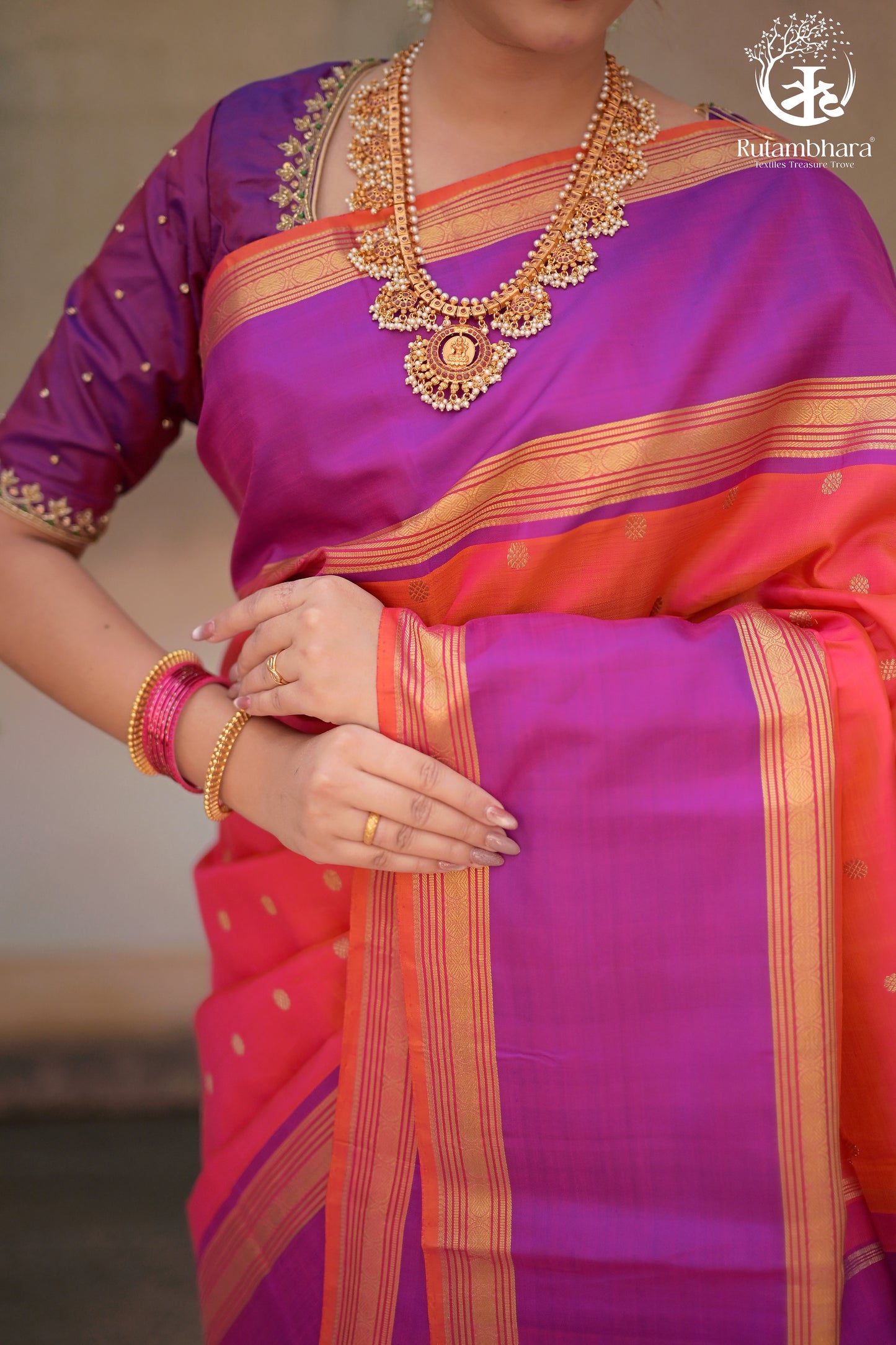 Eevara Orange Purple Kancheevaram Heirloom Silk Saree