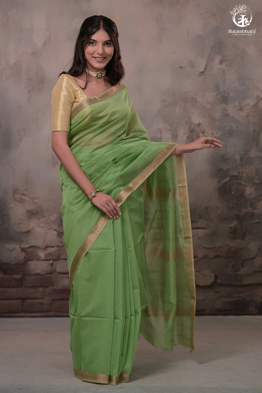 Narmaa - Pastel Green With Small Leher Border Silk Cotton Saree