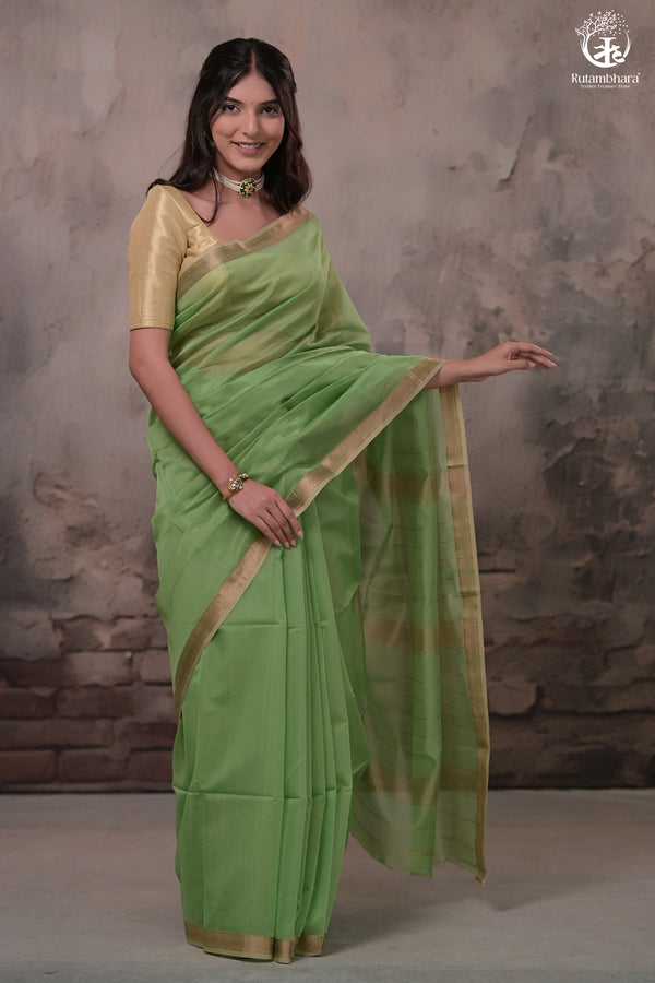 Narmaa - Pastel Green With Small Leher Border Silk Cotton Saree-Rutambhara-RUTAMBHARA