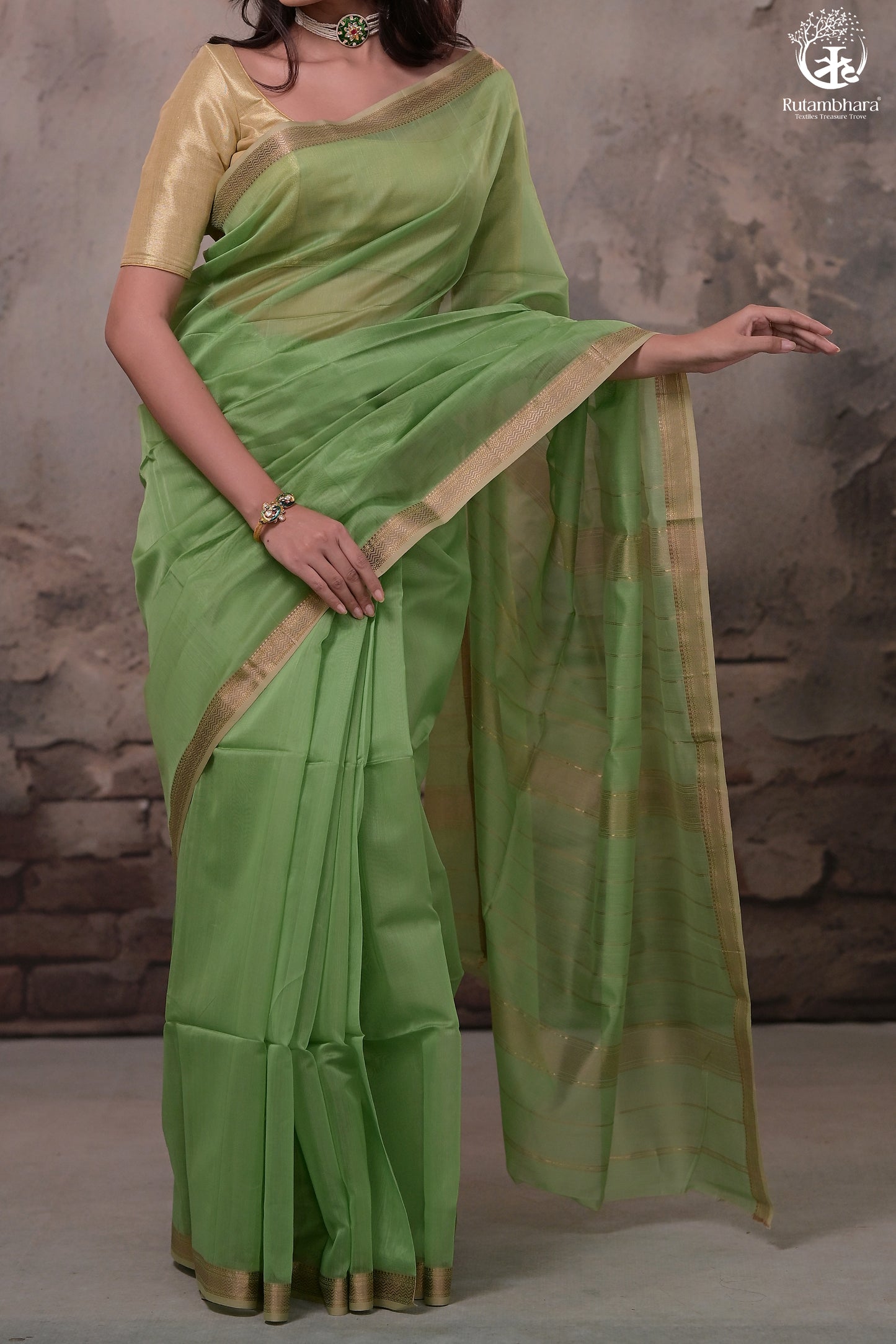 Narmaa - Pastel Green With Small Leher Border Silk Cotton Saree
