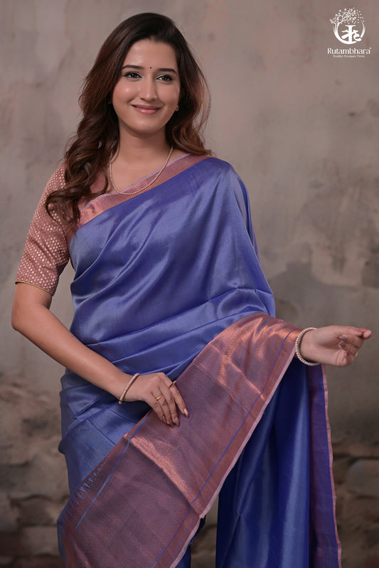 Bhadra - Lavender Blue Handwoven Plain With Copper Zari Border Silk Saree