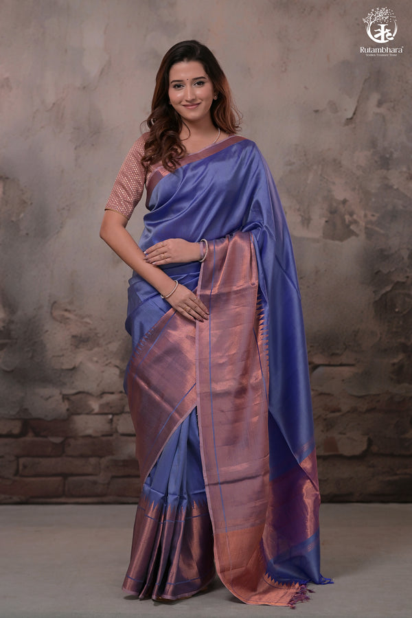 Bhadra - Lavender Blue Handwoven Plain With Copper Zari Border Silk Saree-Rutambhara-RUTAMBHARA
