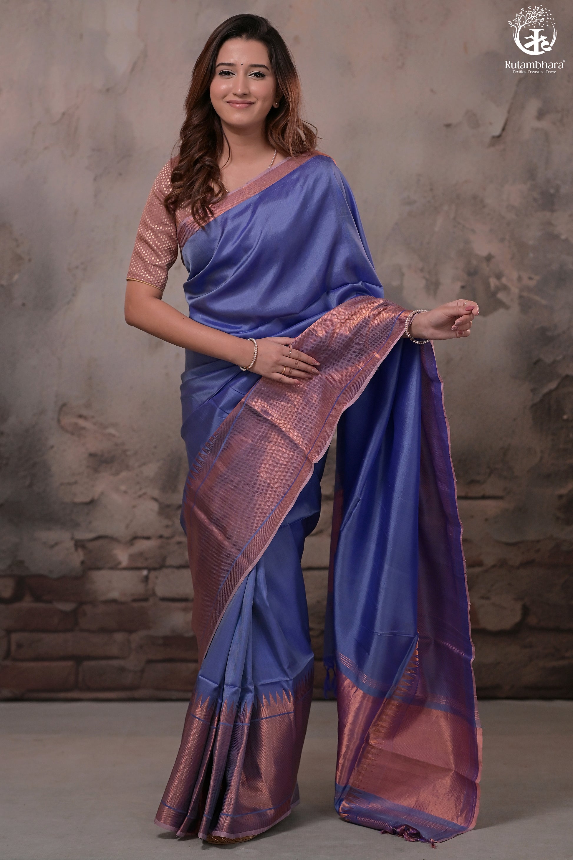 Bhadra - Lavender Blue Handwoven Plain With Copper Zari Border Silk Saree-Rutambhara-RUTAMBHARA