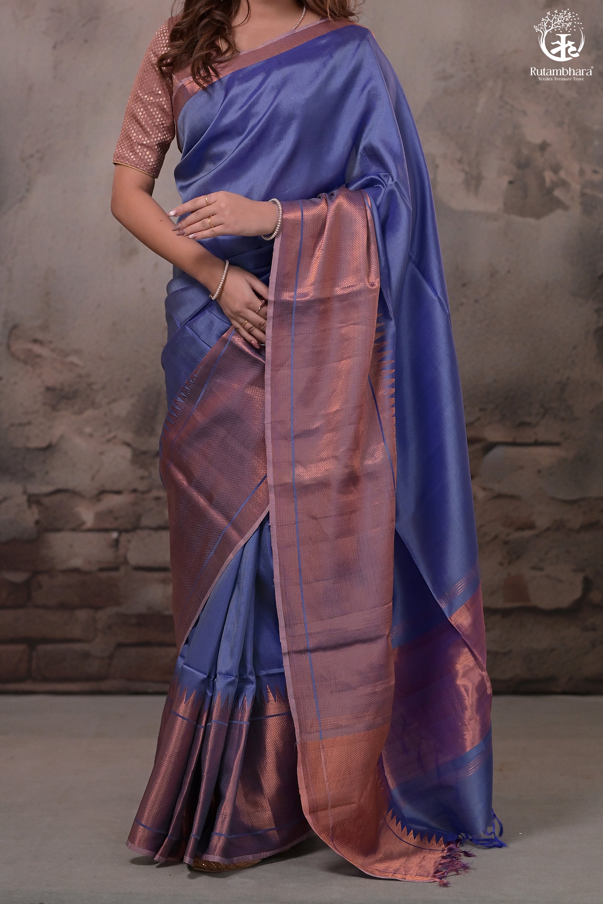 Bhadra - Lavender Blue Handwoven Plain With Copper Zari Border Silk Saree-Rutambhara-RUTAMBHARA