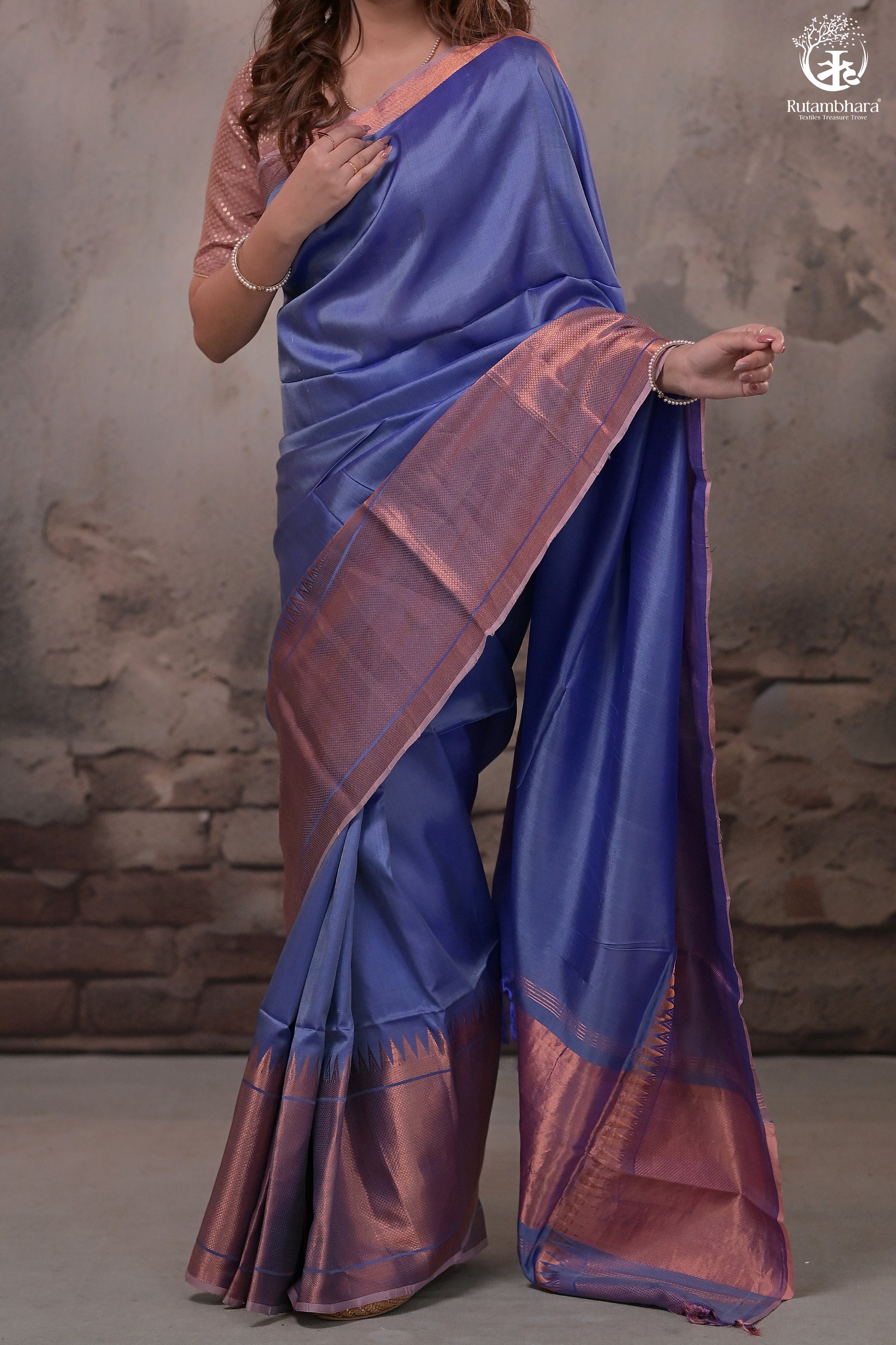Bhadra - Lavender Blue Handwoven Plain With Copper Zari Border Silk Saree-Rutambhara-RUTAMBHARA