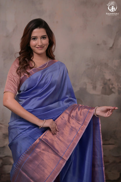 Bhadra - Lavender Blue Handwoven Plain With Copper Zari Border Silk Saree-Rutambhara-RUTAMBHARA