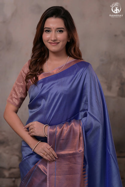 Bhadra - Lavender Blue Handwoven Plain With Copper Zari Border Silk Saree-Rutambhara-RUTAMBHARA