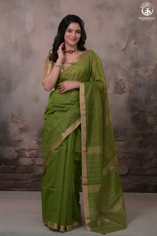 Narmaa - Green With Small Lehar Border Silk Cotton Saree