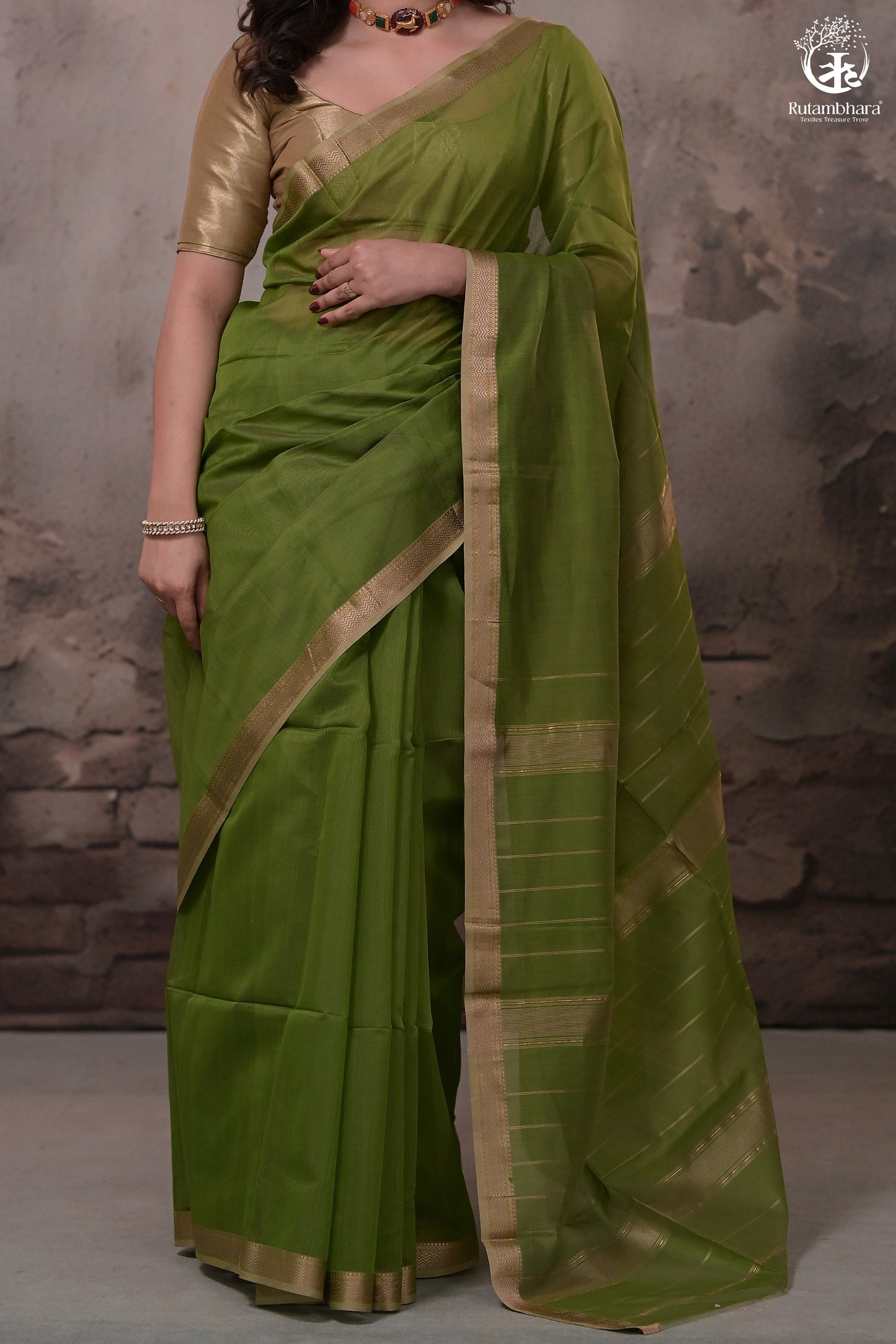 Narmaa - Green With Small Lehar Border Silk Cotton Saree
