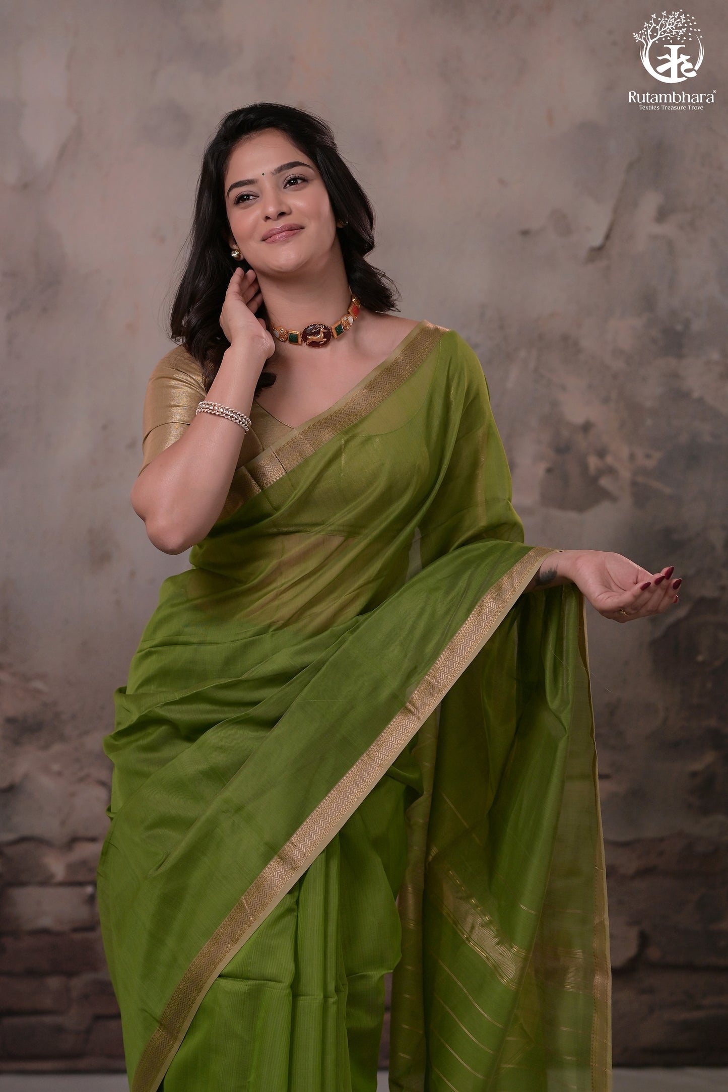 Narmaa - Green With Small Lehar Border Silk Cotton Saree